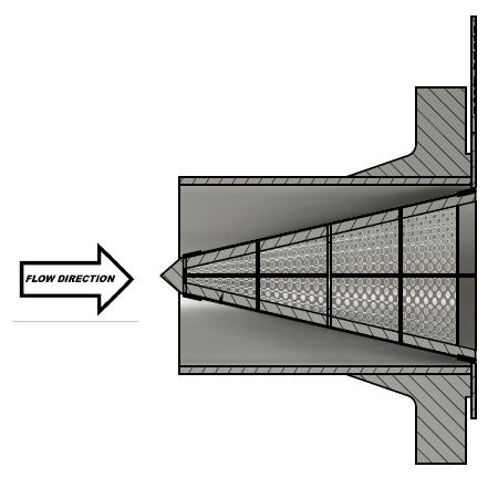 Temporary cone strainer installed for commissioning and start-up protection Temporary cone strainer installed for commissioning and start-up protection