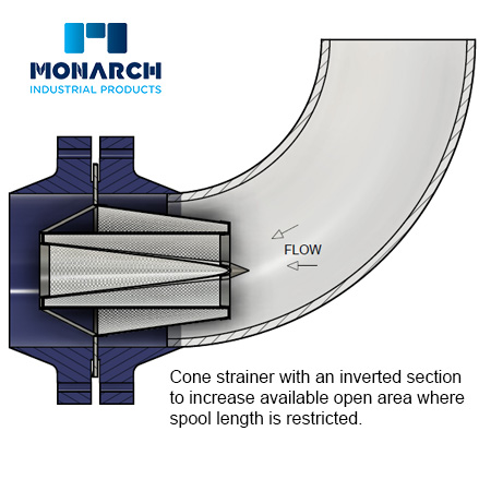 Cone strainer with an inverted section to increase available open area where spool length is restricted. Cone strainer with an inverted section to increase available open area where spool length is restricted.